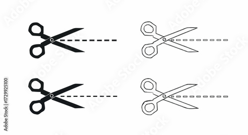 Set of scissors cutting dashed lines, black and outline styles