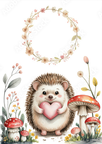 Cute Hedgehog Holding Heart Surrounded by Floral Wreath