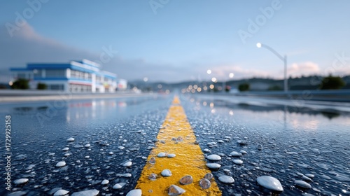 Wet Asphalt Road with Yellow Line Reflection and Blurred Background Building in Soft Sunlight