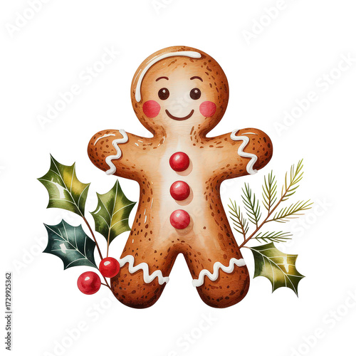Cheerful Gingerbread Man Surrounded by Festive Holly Decor