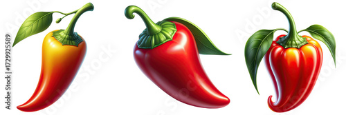 Three vibrant chili peppers with leaves isolated on a black background illustration png on transparent background