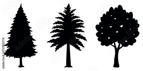 Vector Silhouette Set of Trees Pine Oak and Palm Simple Black Shapes