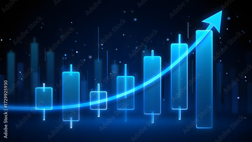 Fototapeta premium Futuristic blue candlestick chart illustrates upward financial market growth