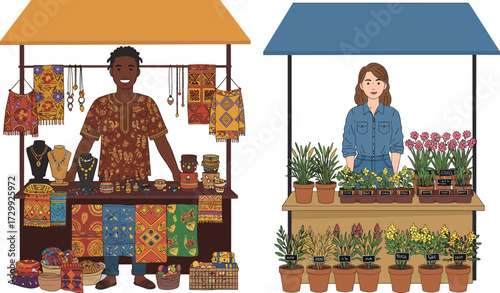 Market vendors, artisan crafts, plant seller, colorful stalls, handmade jewelry, potted flowers, cultural goods, outdoor local market scene