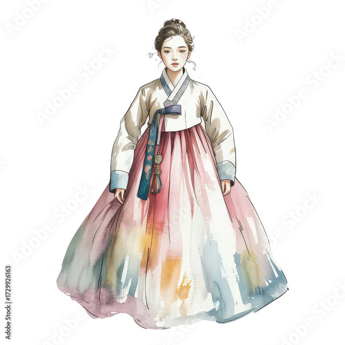 Ethereal Watercolor Illustration of Traditional Korean Hanbok Dress