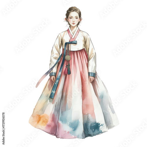 Ethereal Watercolor Illustration of Traditional Korean Hanbok Dress