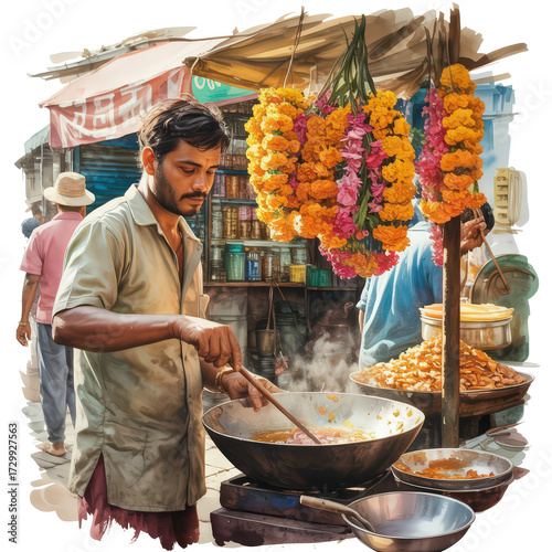 Vibrant Indian Street Food Vendor in Watercolor Style