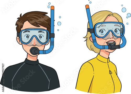 Snorkeling adventure, underwater exploration, snorkel and mask, diving attire, young man, woman, bubbles, aquatic sport, ocean