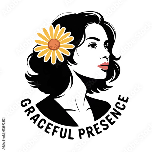 Elegant woman with flower in hair and inspirational text isolated on transparent background
