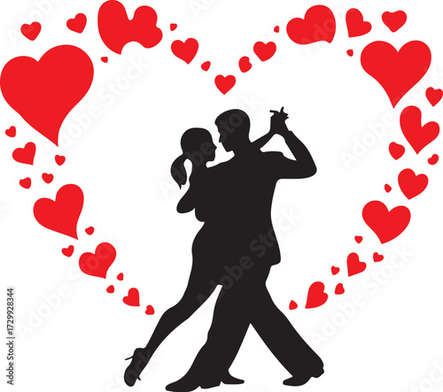 Couple dancing romantically within a heart shaped frame of red hearts
