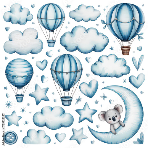 Dreamy Watercolor Hot Air Balloons and Clouds Illustration