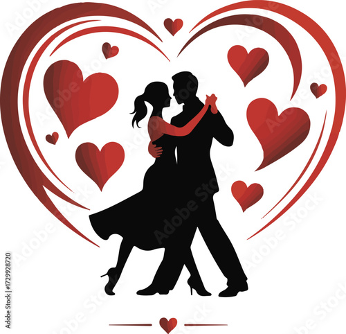 Silhouetted couple dancing within a heart shape
