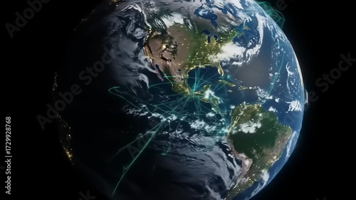 A dynamic view of Earth showcasing global connectivity with illuminated cities and data flow lines