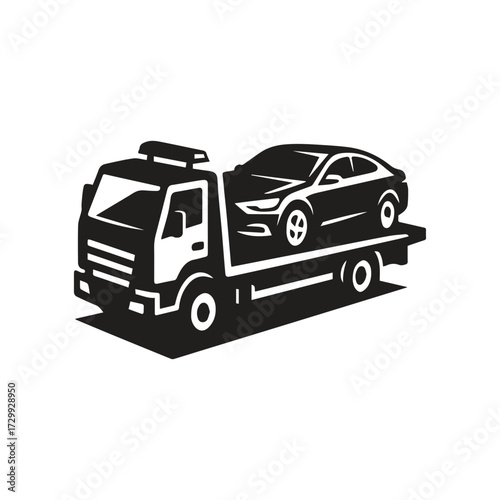 Vector silhouette illustration of a tow truck carrying a sleek car on its flatbed in icon style