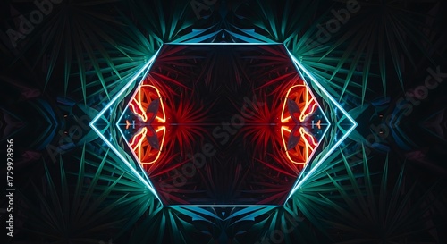 A mesmerizing symmetrical kaleidoscope of glowing neon lights forming a futuristic hexagonal portal amid dark tropical flora