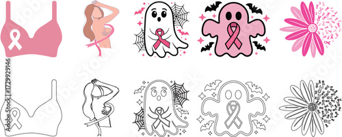 Breast Cancer Awareness Month icon set. Sign for awareness month with pink ribbon symbol. This icon increase awareness of the disease and to raise funds for research into its cause, diagnosis. 