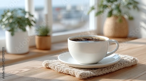 White Ceramic Coffee Cup with Hot Black Coffee on Wooden Table Against Blurred Window in Natural Lighting Still Life Composition