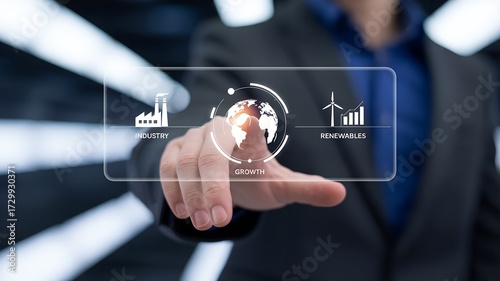 Hand interacting with a floating holographic tablet displaying globe, industry, renewable energy, and growth icons, symbolizing futuristic corporate technology, sustainability, and business innovation