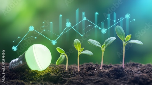 A close-up of seedlings glowing with bioluminescence beside a futuristic LED bulb and ascending digital chart, symbolizing sustainable technology, innovation, and eco-friendly growth in hyper-realisti