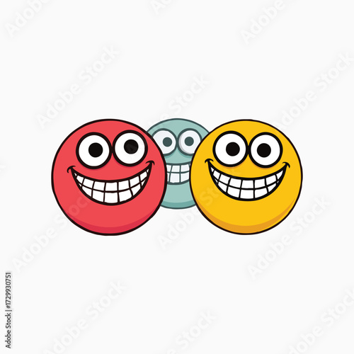 Three Cartoon Smiling Emoticon Balls Group Friends with Wide Grins Happy Team Vector Graphic.