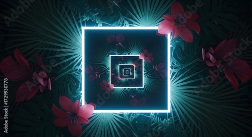 Abstract futuristic portal with glowing neon squares surrounded by dark tropical leaves and pink flowers
