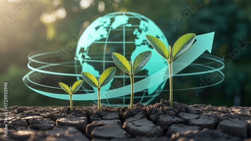 Four seedlings with golden-tipped leaves growing from cracked soil beneath a glowing turquoise wireframe globe and sweeping upward arrow, symbolizing global sustainability, progress, and ecological in