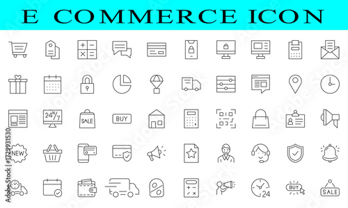 Ecommerce icon collection set. Containing shopping cart, sale tag, bag, credit cards, search, basket, quality icon. Simple flat vector.