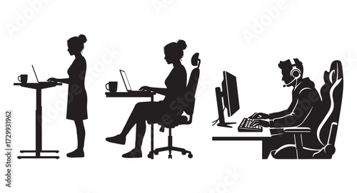 Silhouettes of people working on computers at different workspaces vector illustration