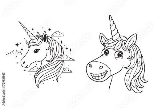 Two delightful unicorn line art designs for coloring books and crafts