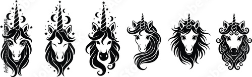 Collection of Black and White Unicorn Head Vector Designs with Fantasy Elements