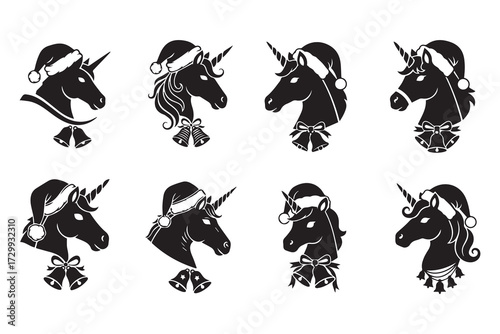 Festive Christmas Unicorn Silhouettes with Santa Hats and Jingle Bells Collection