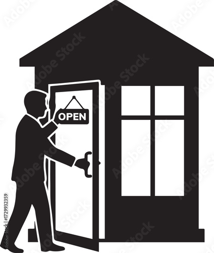 Man entering a store with an open sign black and white vector