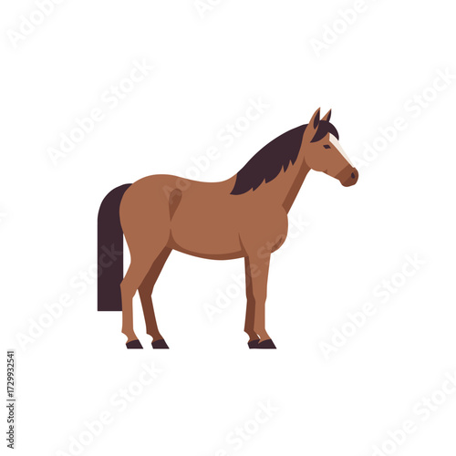 Flat vector illustration of a brown horse standing sideways with dark mane and tail, simple cartoon farm and ranch animal design isolated