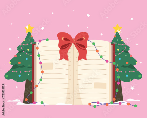 A books decorate with light for christmas tree. Merry Christmas and Happy New Year banner, holiday design.