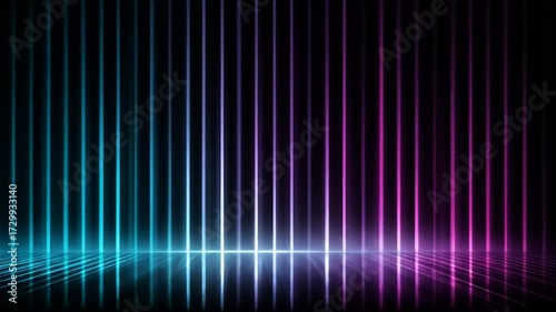 Dark stage illuminated by vibrant neon light beams.