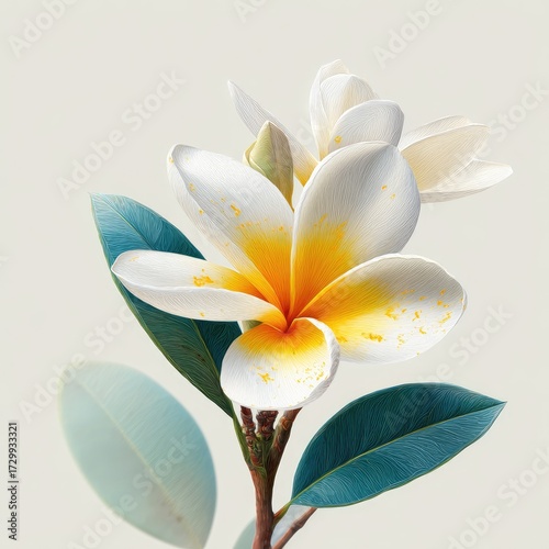 Close up of a frangipani flower with white and yellow petals