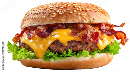 Wallpaper Mural A mouthwatering cheeseburger with crispy bacon and melted cheddar cheese, layered on a juicy beef patty, fresh green lettuce, and sandwiched between a golden sesame seed bun. The burger looks indulgen Torontodigital.ca