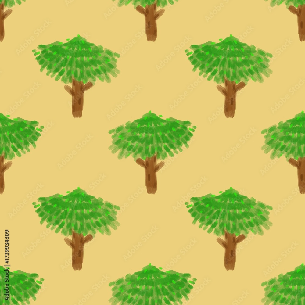 Fototapeta premium Seamless canopy tree pattern – hand-drawn wide leafy trees on beige background