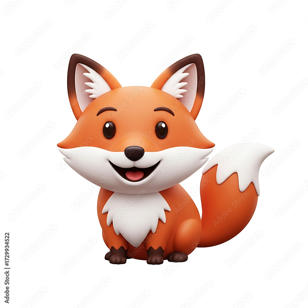 Fototapeta premium Cute cartoon fox with orange fur and white accents, sitting upright.