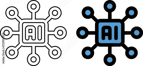 Artificial intelligence and machine learning network connection icon with outline and filled versions