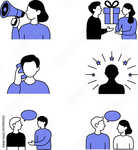 Communication and interpersonal relationships depicted through flat vector style illustrations on a white background