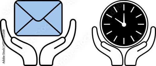 Hands holding a blue envelope and a clock representing time management and communication