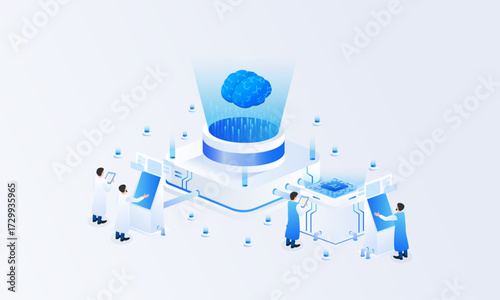 Artificial intelligence chip isometric vector illustration. Machine learning development ai technology concept, computer electronics and AI systems.