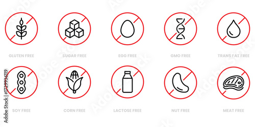 Collection of food intolerance and allergy symbols set, customizable, vector, gluten free, sugar free, egg free, gmo free, trans fat free, soy free, corn free, lactose free, nut free, meat free