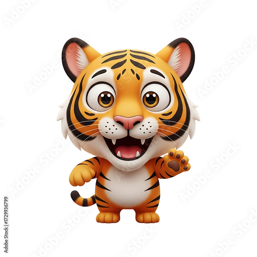 A cheerful cartoon tiger with orange fur, black stripes, and a friendly expression, waving hello.