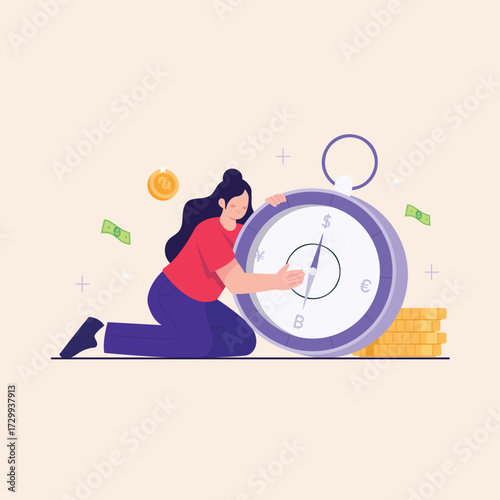 Woman Managing Wealth with Clock and Coins in a Financial Graphic Illustration
