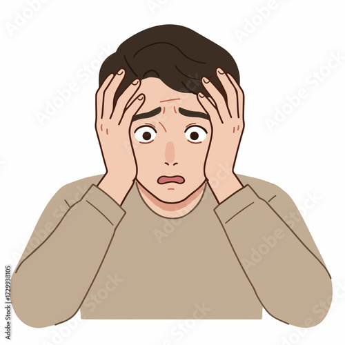 Cartoon Style Worried Man Holding Head in Hands Illustration