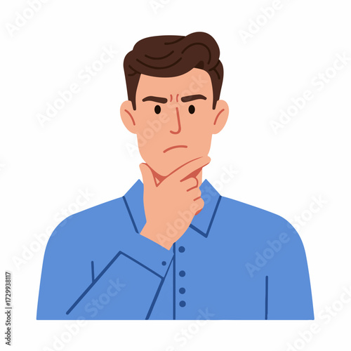 Flat Style Young Man Thinking with Confused Facial Expression Illustration