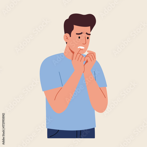 Flat Style Worried Man with Anxiety Biting Fingernails Character Illustration
