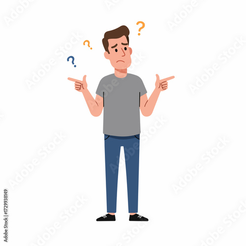 Flat Cartoon Style Confused Man with Question Mark Illustration Graphic